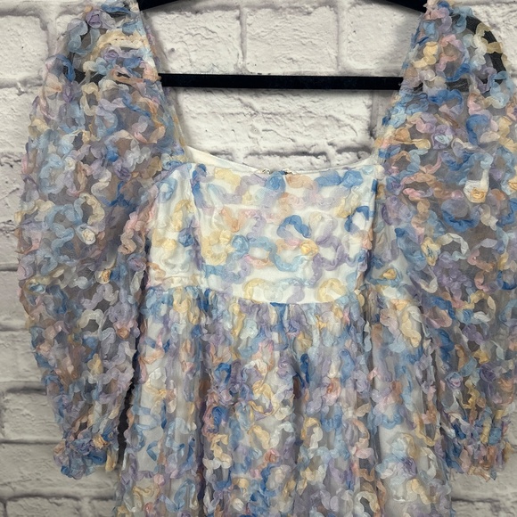 Storia Floral Pastel Flower Ombré Party Babydoll Square Neckline Dress - Picture 8 of 12